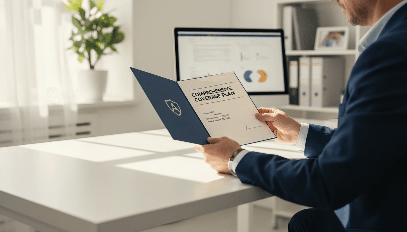Insurance agent reviewing policy documents at desk