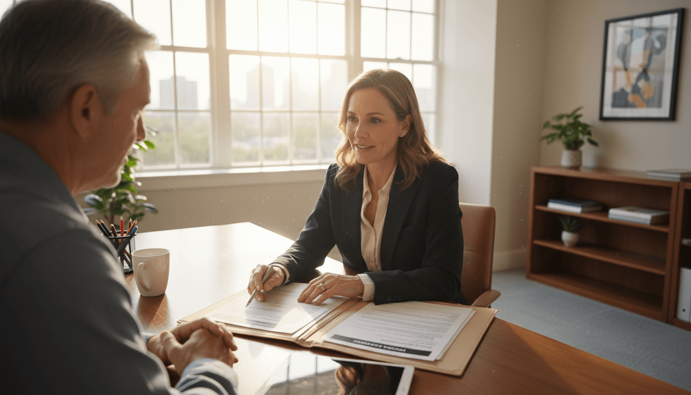 Insurance agent reviewing SR-22 documents with client at desk