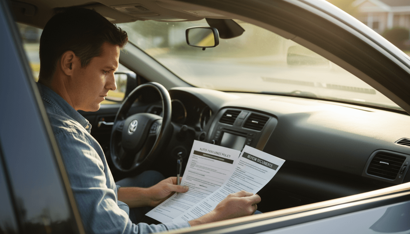 Driver reviewing insurance documents in their vehicle