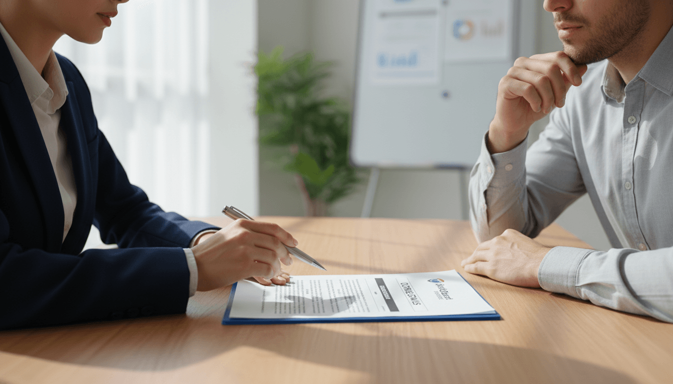 Insurance agent explaining broad form coverage details to a client